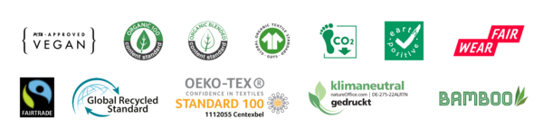 Zertifikate für veganymous.com: PeTA approved, Organic 100, Fairtrade, klimaneutral, wear fair, Oeko-Tex 100 etc