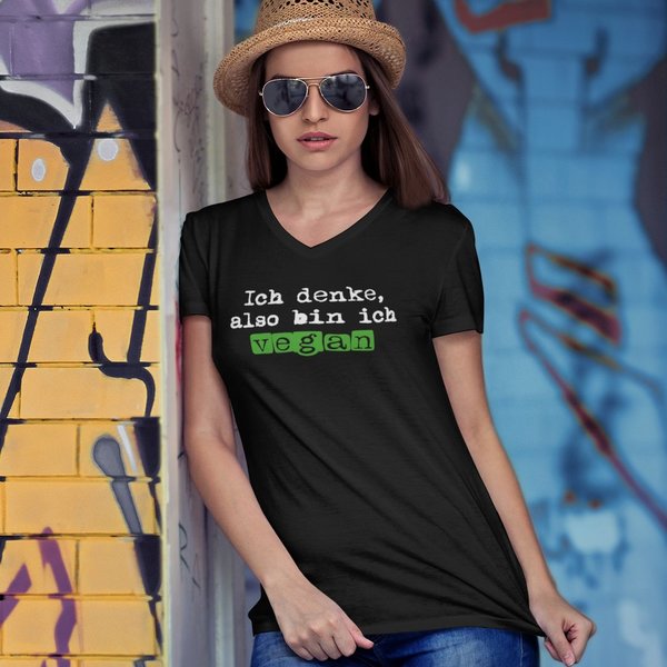 "Ich denke, also bin ich VEGAN" für mega Frauen Shirt - vegan, nachhaltig&fair (schwarz oder weiss)