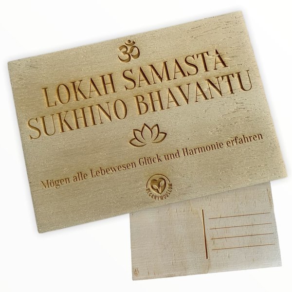 Postkarte aus Holz "lokah samasta sukhino bhavantu"