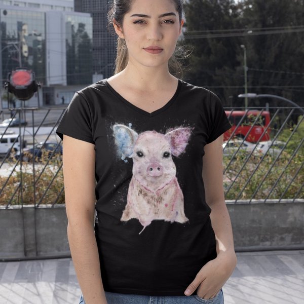 "go vegan for me" buntes Schweinchen für mega Frauen V-Ausschnitt - nachhaltig & fair