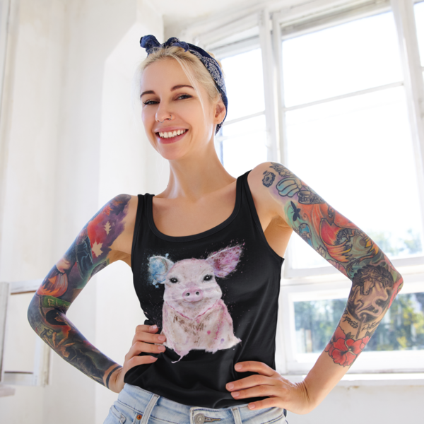 "Go vegan for me" buntes Schweinchen Frauen tank top, vegan, nachhaltig&fair (schwarz oder weiss)