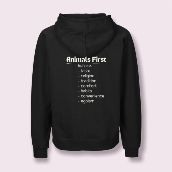 "Animals First" Unisex Hoodie mit Zip - vegan, nachhaltig & fair (beidseitig bedruckt)