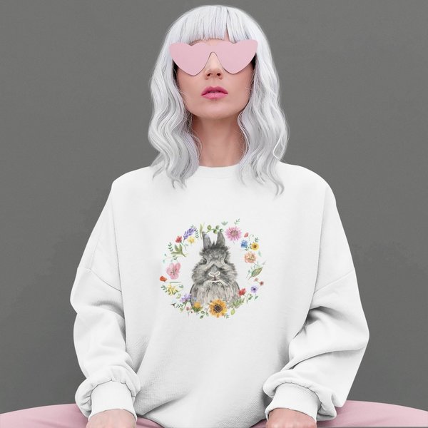 Unisex Sweatshirt „Bunny im Blumenkranz" Vegan, Bio & Fair (weiss)