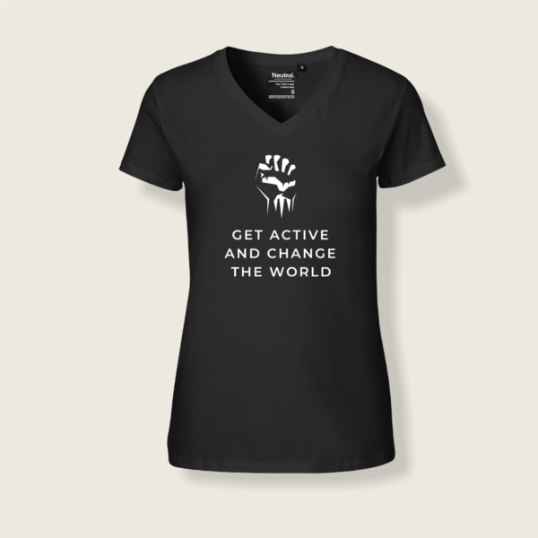 "get active and change the world" für mega Frauen V-Ausschnitt - nachhaltig & fair (schwarz)