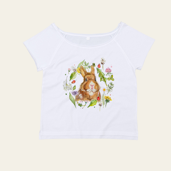 "Kaninchen im Wiesenkranz" Flash Dance Shirt - vegan, nachhaltig&fair (div. Farben)
