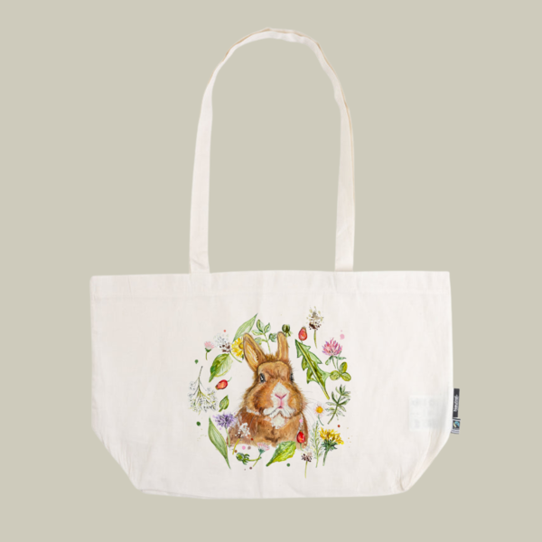 veganer Shopper/ extra große Einkaufstasche aus Bio Baumwolle "Kaninchen im Wiesenkranz"