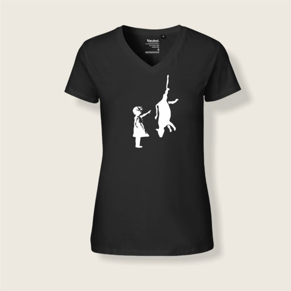"Bansky Cow" Frauen V-Ausschnitt oder Lady fit Shirt- vegan, nachhaltig & fair (schwarz)