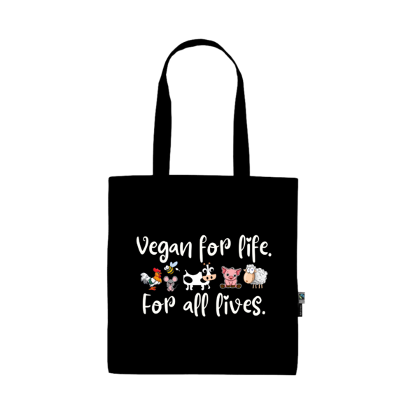 vegane & faire Einkaufstasche aus Bio Baumwolle "Vegan for life..." (schwarz)